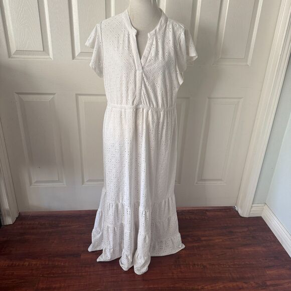 Wallpapher Dresses & Skirts - Eyelet Maxi Dress Womens Sz XL White Tiered Lined Cottagecore Prairie Boho